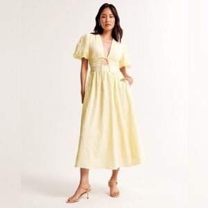 Abercrombie Yellow Tie Front Puff Sleeve Textured Maxi Dress